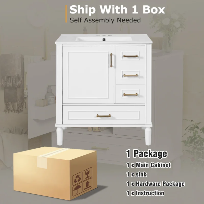 30" Bathroom Vanity with Ceramic Sink, Soft-Close Door with Built-in Shelf, Deep Drawer, Standard Drawer, Long Divider Drawer, Ample Storage Cabinet for Bathroom, Modern & Functional Design - Image 16