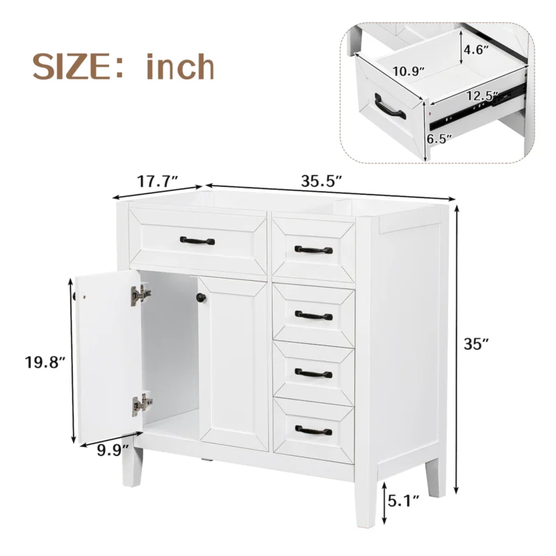36" Bathroom Vanity without Sink, Cabinet Base Only, Bathroom Cabinet with Drawers, Solid Frame and MDF Board, White - Image 6