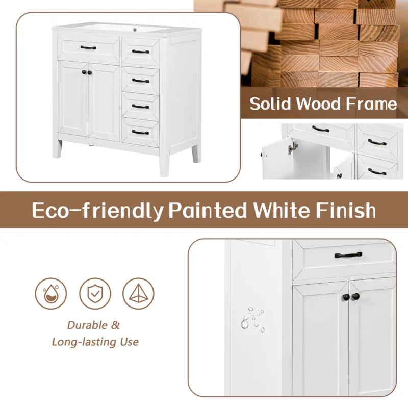 36" Bathroom Vanity without Sink, Cabinet Base Only, Bathroom Cabinet with Drawers, Solid Frame and MDF Board, White - Image 5