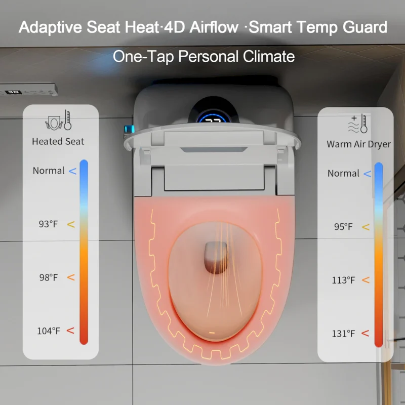 Smart Toilet Bidet Combo with Foot Sensor Open Cover/Seat, Self-Cleaning Nozzle, LED Display, Three Level Heated Seat/Airflow, Night Light, Knob Control, Soft Close, Auto Flush, with Remote Control - Image 9