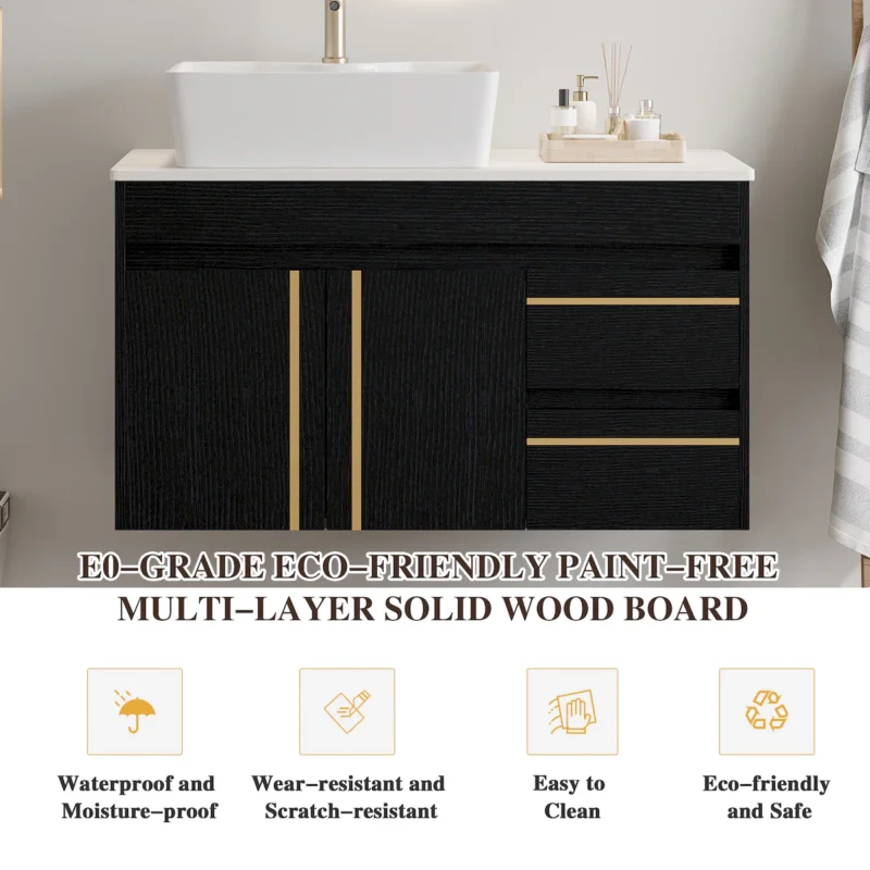 36" Wall-Mounted Bathroom Vanity with Vessel Ceramic Sink & Plywood Countertop – Soft-Close Door & Drawers, Floating Design - Image 6