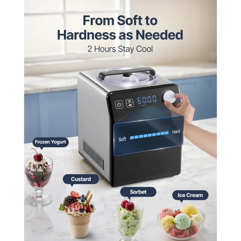 Upright Automatic Ice Cream Maker with Built-in Compressor, 2 Quart No Pre-freezing Fruit Yogurt Machine, Stainless Steel Electric Sorbet Maker, 4 Modes Gelato Maker with Digital Display & Timer - Image 3
