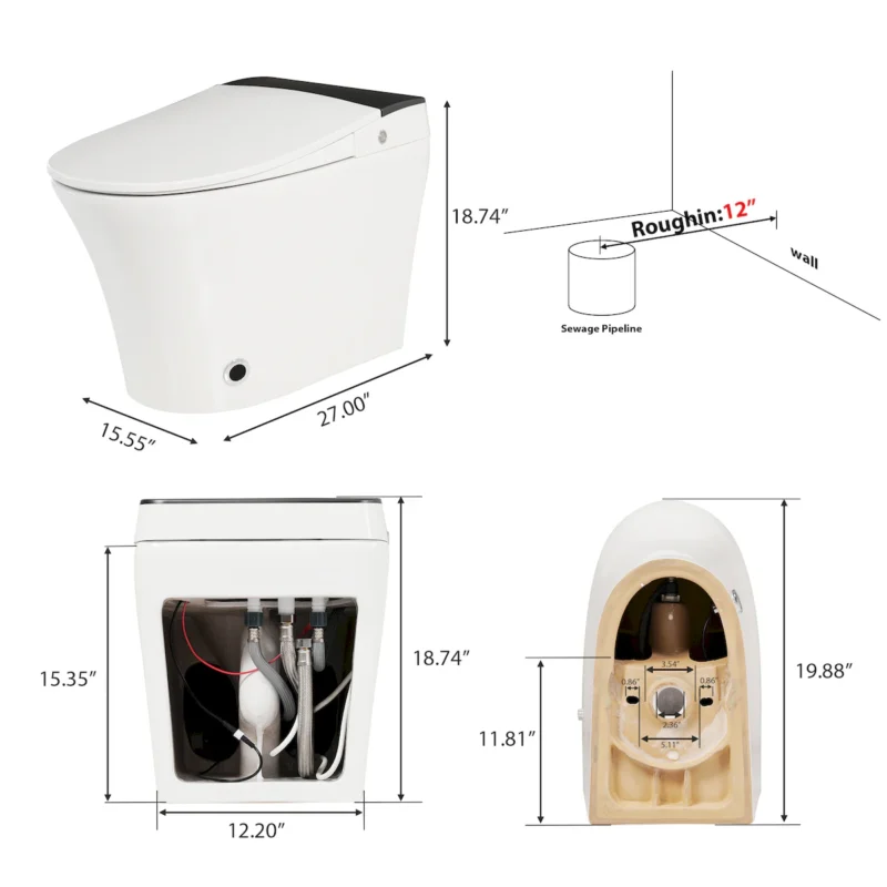 Heated Seat Smart Toilet, One Piece Toilet, Automatic Flush Tankless Toilet without Bidet, with Foot sensor Flush, Blue Night Light, Knob Control, Power Outage Flushing, Soft Close Cover,White - Image 12