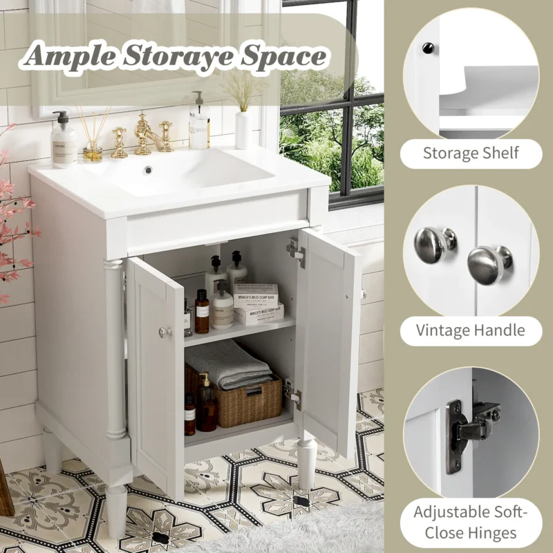24'' Bathroom Vanity with Top Sink, 2-Tier Modern Bathroom Storage Cabinet, Single Sink Bathroom Vanity, Large Storage Shelves - Image 5