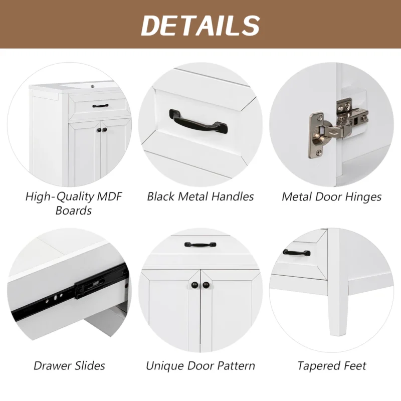 36" Bathroom Vanity without Sink, Cabinet Base Only, Bathroom Cabinet with Drawers, Solid Frame and MDF Board, White - Image 4