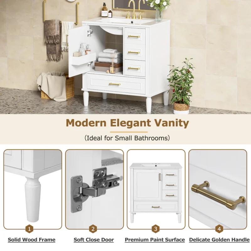 30" Bathroom Vanity with Ceramic Sink, Soft-Close Door with Built-in Shelf, Deep Drawer, Standard Drawer, Long Divider Drawer, Ample Storage Cabinet for Bathroom, Modern & Functional Design - Image 11