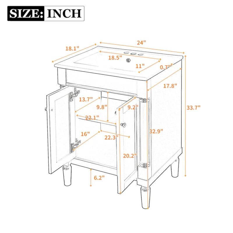 24'' Bathroom Vanity with Top Sink, 2-Tier Modern Bathroom Storage Cabinet, Single Sink Bathroom Vanity, Large Storage Shelves - Image 3