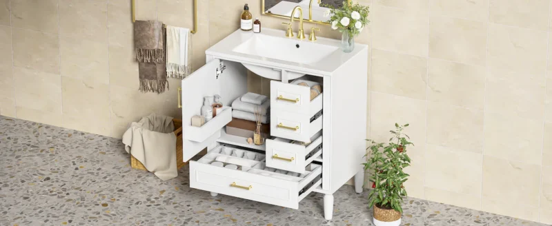 30" Bathroom Vanity with Ceramic Sink, Soft-Close Door with Built-in Shelf, Deep Drawer, Standard Drawer, Long Divider Drawer, Ample Storage Cabinet for Bathroom, Modern & Functional Design - Image 10