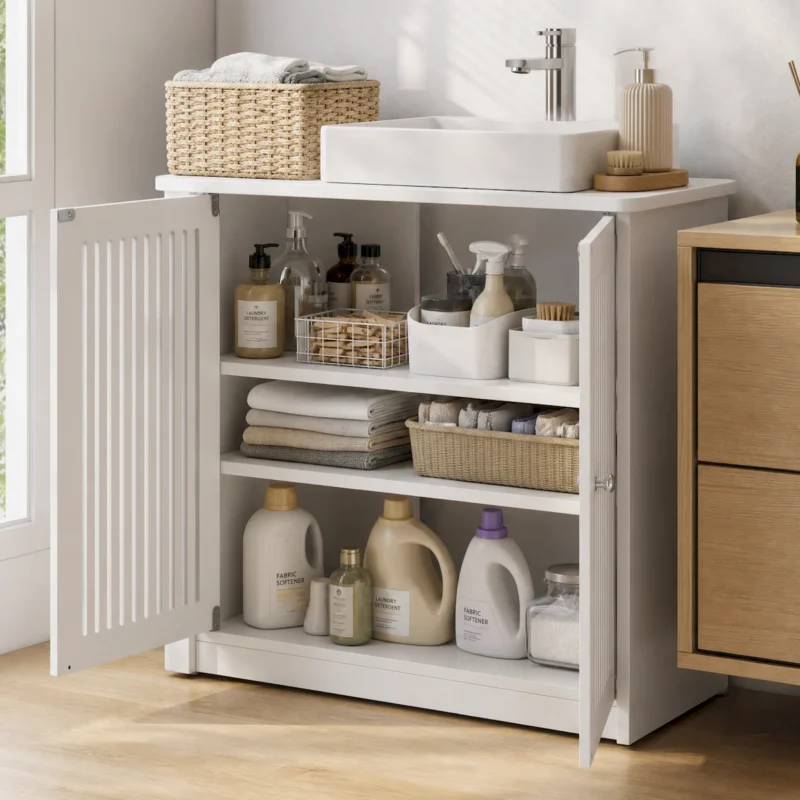 Washbasin cabinet without basin, louvered double-door floor-standing bathroom vanity and storage unit, white bathroom floor-standing storage cabinet. - Image 10