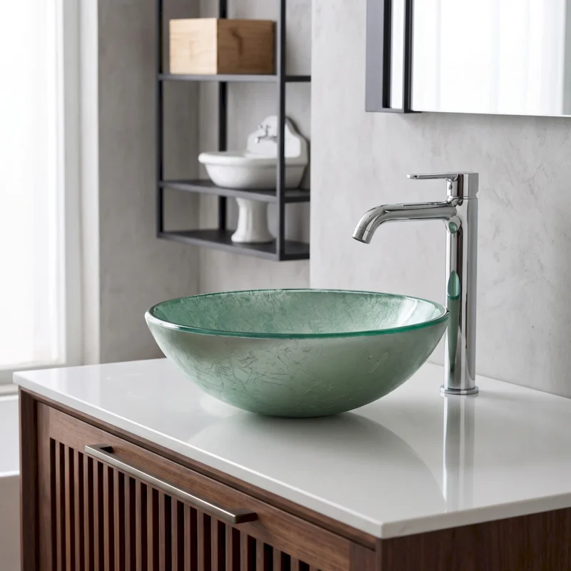 Green Ice-Crackle Tempered Glass Vessel Sink, Round Artistic Textured Bathroom Sink Bowl, Countertop Vanity Basin - Image 8