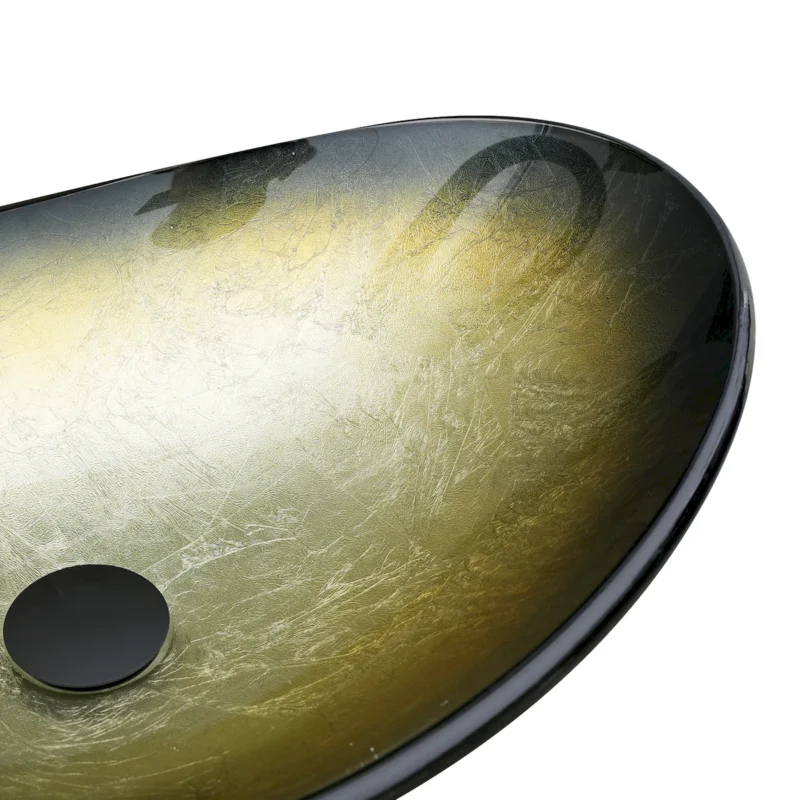 Bathroom Artistic Tempered Glass Gilded black Vessel Bathroom Sink with Black Pop-up Drain, Boat Shape Bathroom Sink Above Counter (no Faucet) - Image 8
