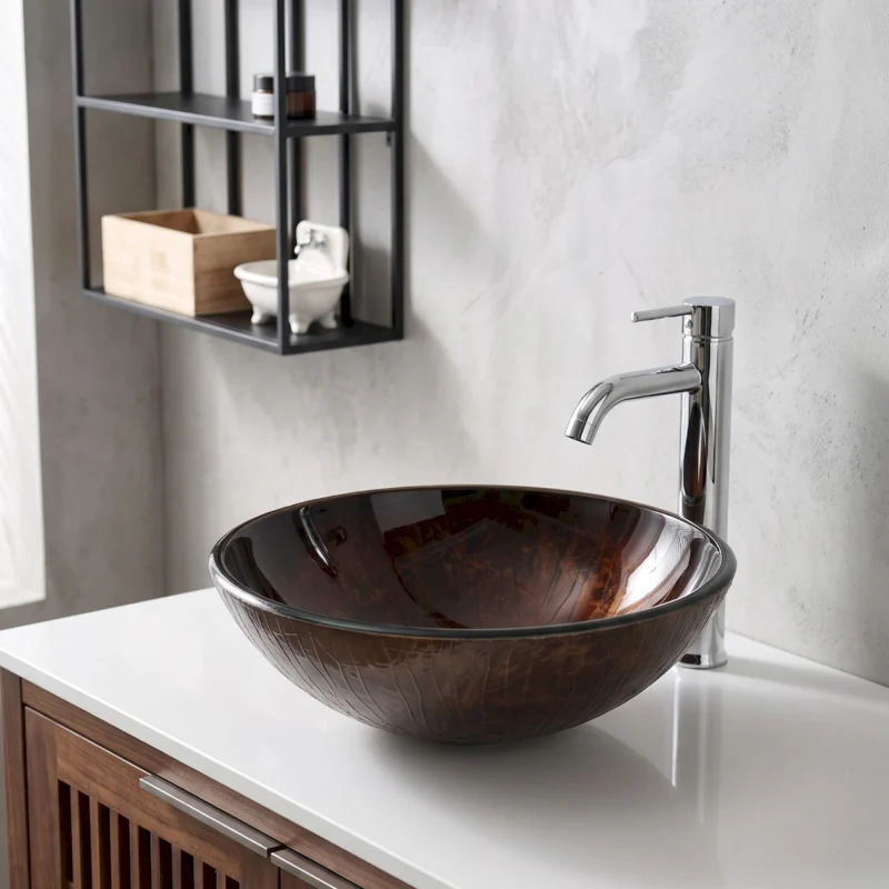 Amber Tempered Glass Vessel Sink, Round Artistic Textured Bathroom Sink Bowl, Countertop Vanity Basin - Image 7