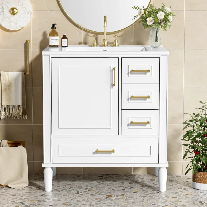 30" Bathroom Vanity with Ceramic Sink, Soft-Close Door with Built-in Shelf, Deep Drawer, Standard Drawer, Long Divider Drawer, Ample Storage Cabinet for Bathroom, Modern & Functional Design - Image 6