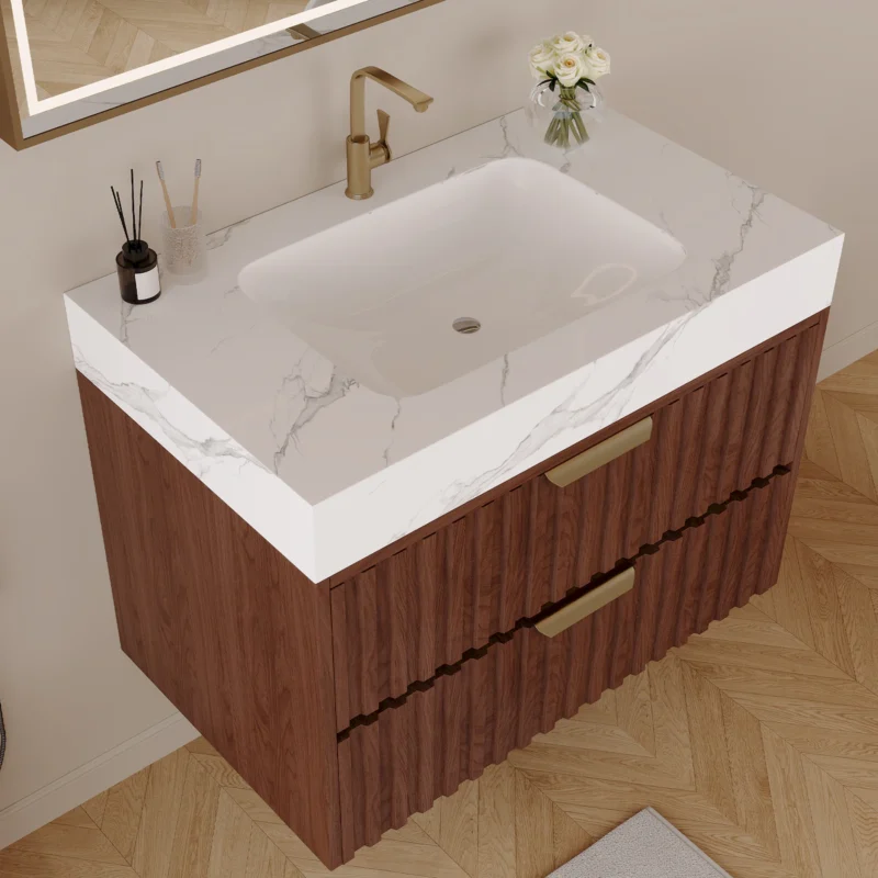 30" Modern Floating Bathroom Vanity with Seamless Sintered Stone Top & Ceramic Basin – 2 Soft-Close Drawers, Wall-Mounted - Image 4