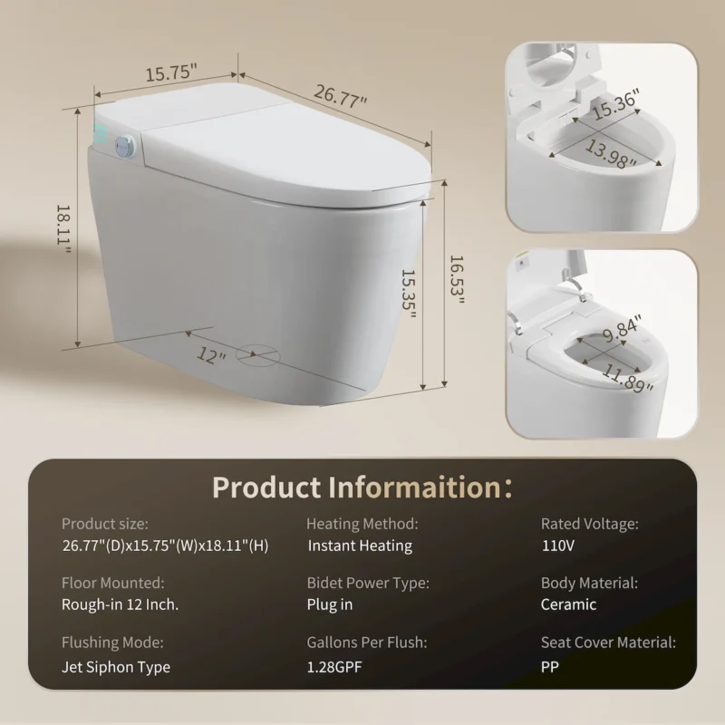 Tankless Smart Toilet With Bidet Built In, One-piece Bidet Toilet Seat, Auto Flush, Auto Open/Close,Heated Seat, Warm Water and Dry, Adjustable Temp,Remote Control Side Know - Image 15