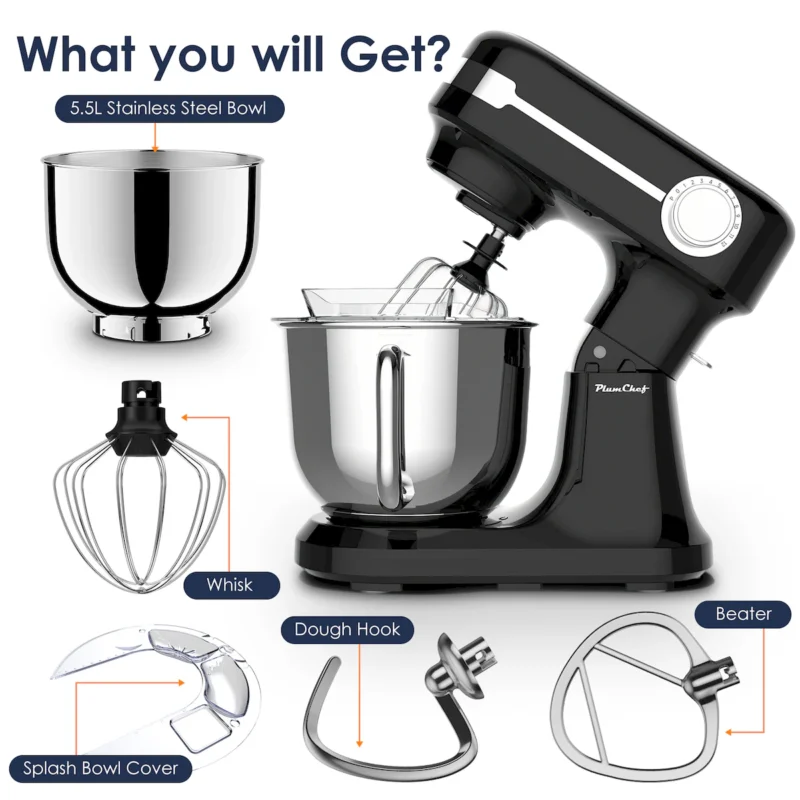 Plum Chef 5.5QT Electric Stand Mixer, 12-Speed Tilt-Head Food Mixer, Dough Mixer with Dishwasher Safe Stainless Steel Bowl, Dough Hook, Flat Beater, Whisk, Splash Guard, Black - Image 8