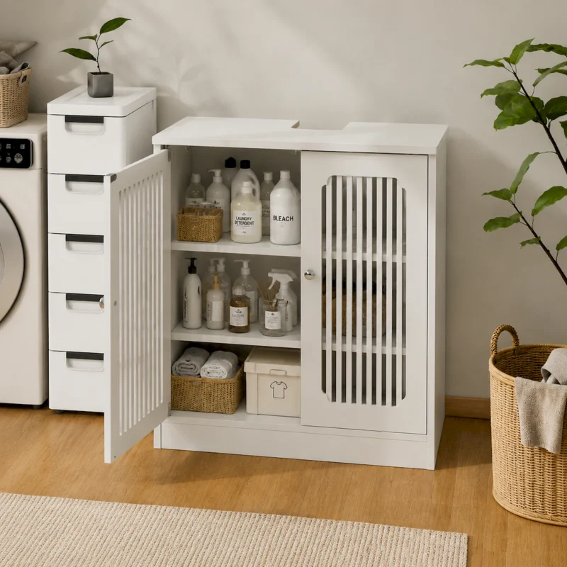 Washbasin cabinet without basin, louvered double-door floor-standing bathroom vanity and storage unit, white bathroom floor-standing storage cabinet. - Image 9