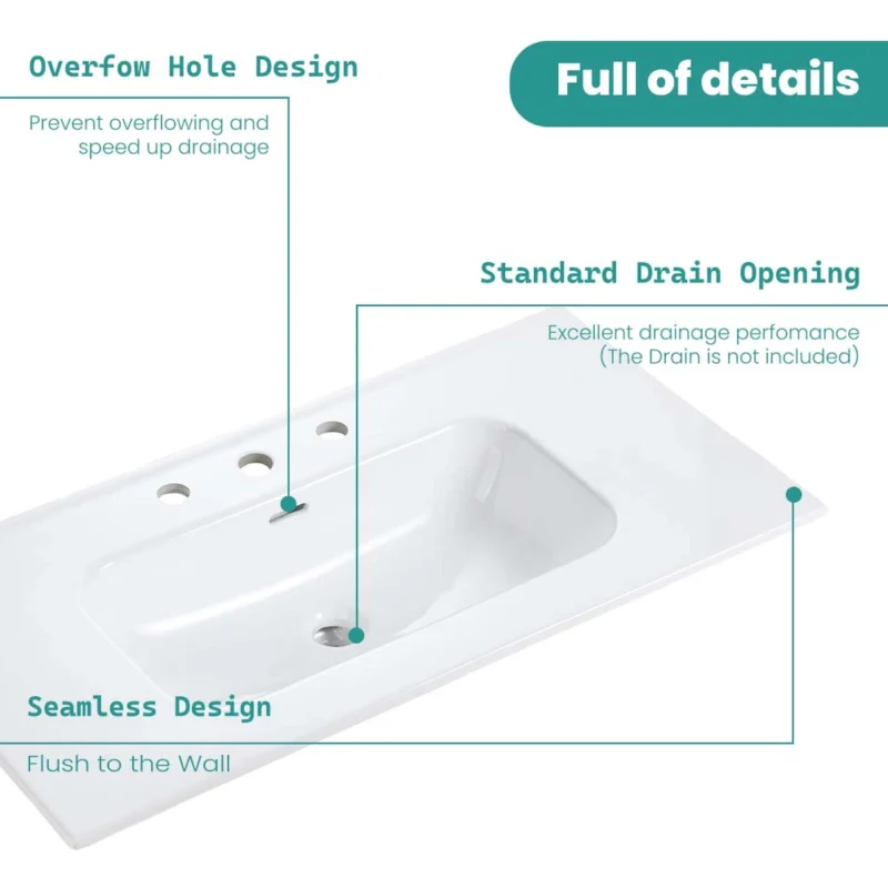 BB0930Y331, Integrated white ceramic basin with three predrilled faucet holes, faucet and drain assembly NOT included - Image 9