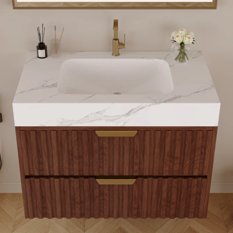 30" Modern Floating Bathroom Vanity with Seamless Sintered Stone Top & Ceramic Basin – 2 Soft-Close Drawers, Wall-Mounted - Image 3