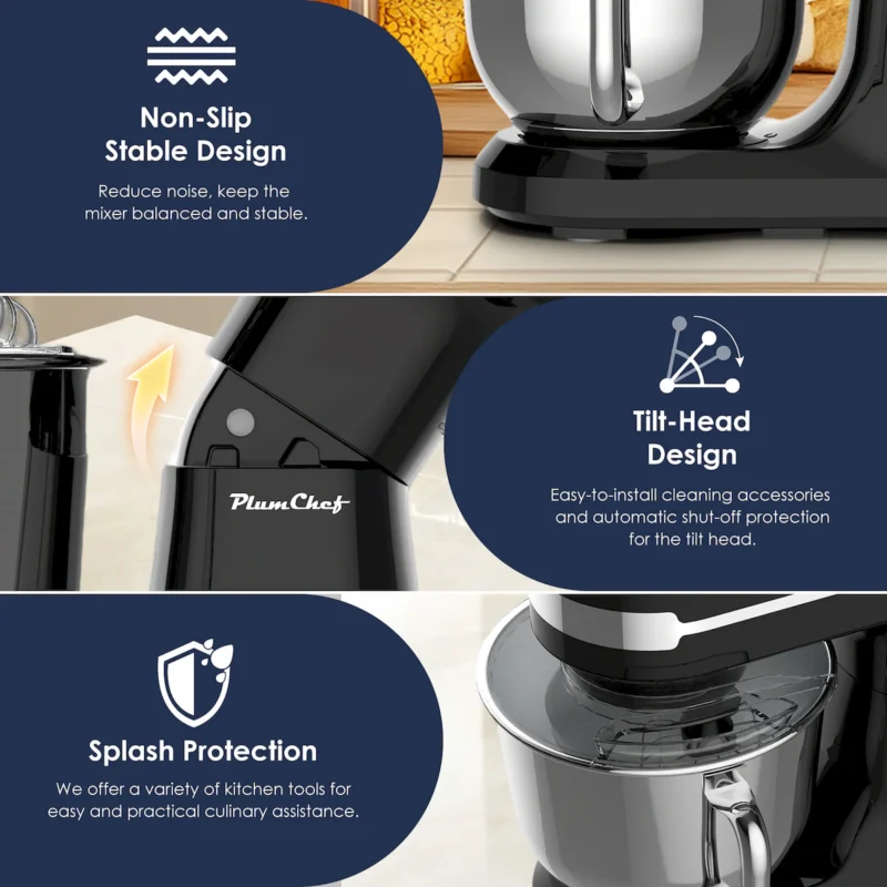 Plum Chef 5.5QT Electric Stand Mixer, 12-Speed Tilt-Head Food Mixer, Dough Mixer with Dishwasher Safe Stainless Steel Bowl, Dough Hook, Flat Beater, Whisk, Splash Guard, Black - Image 7