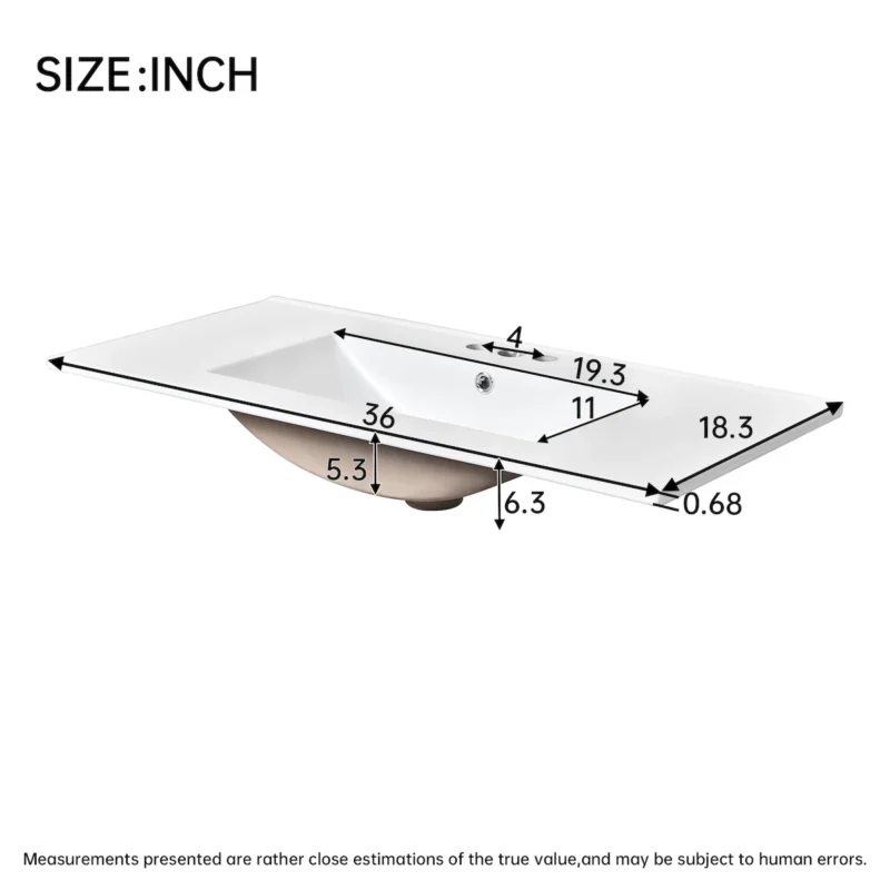 36" Single Bathroom Basin Sink, Vanity Top Only, 3-Faucet Holes, Ceramic - Image 2