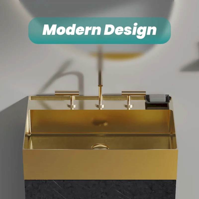 BB13-20Y-405 20"x14" Integrated Brushed Gold 304 Stainless Steel Bathroom Sink With 3 Faucet Holes - Image 3