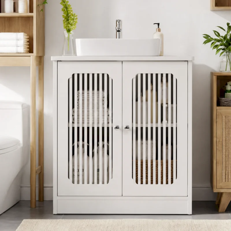 Washbasin cabinet without basin, louvered double-door floor-standing bathroom vanity and storage unit, white bathroom floor-standing storage cabinet. - Image 8