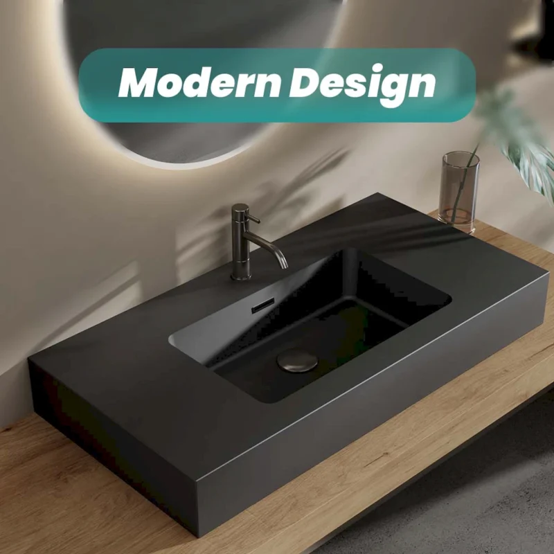 BB02-36-109, Integrated engineered solid surface basin WITHOUT drain and faucet, matte black color - Image 6