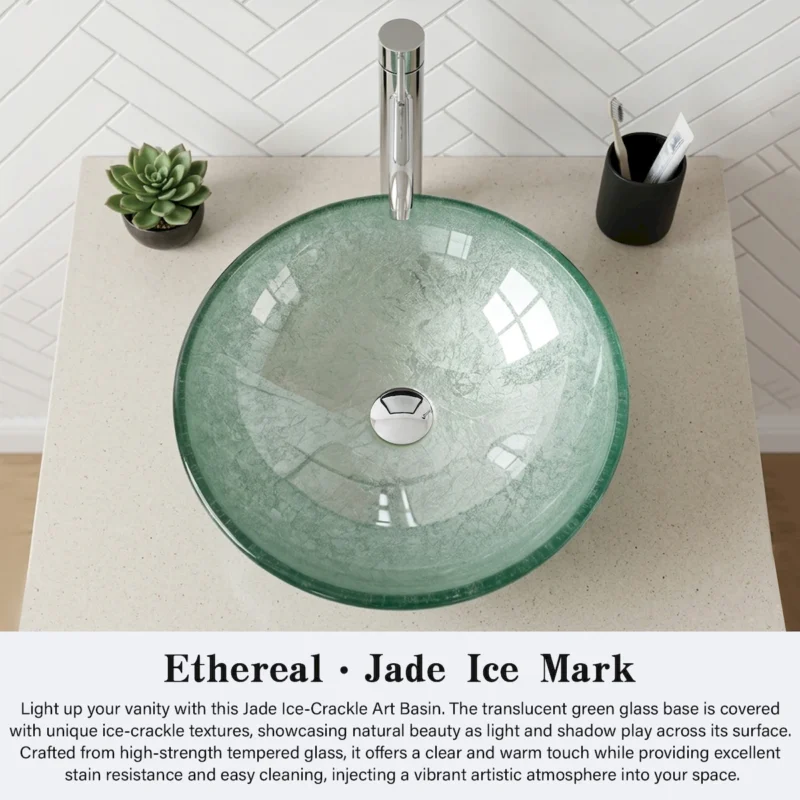 Green Ice-Crackle Tempered Glass Vessel Sink, Round Artistic Textured Bathroom Sink Bowl, Countertop Vanity Basin - Image 5