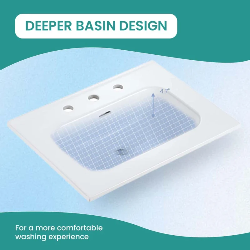 BB0924Y331, Integrated white ceramic basin with three predrilled faucet holes, drain assembly NOT included - Image 7