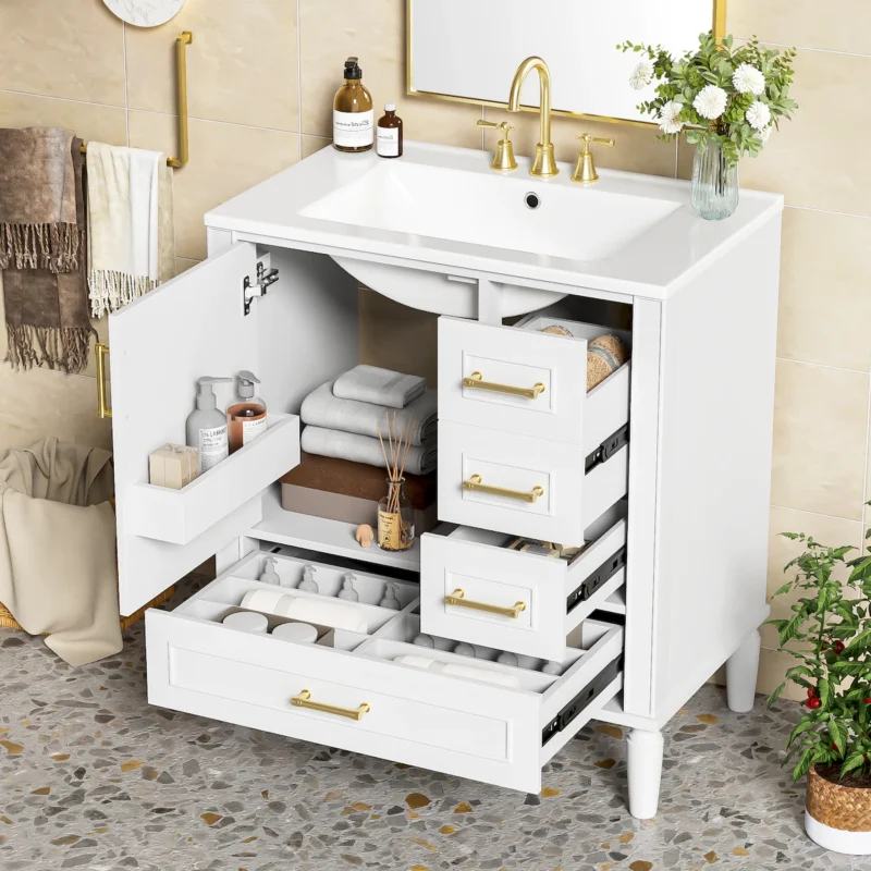 30" Bathroom Vanity with Ceramic Sink, Soft-Close Door with Built-in Shelf, Deep Drawer, Standard Drawer, Long Divider Drawer, Ample Storage Cabinet for Bathroom, Modern & Functional Design - Image 4