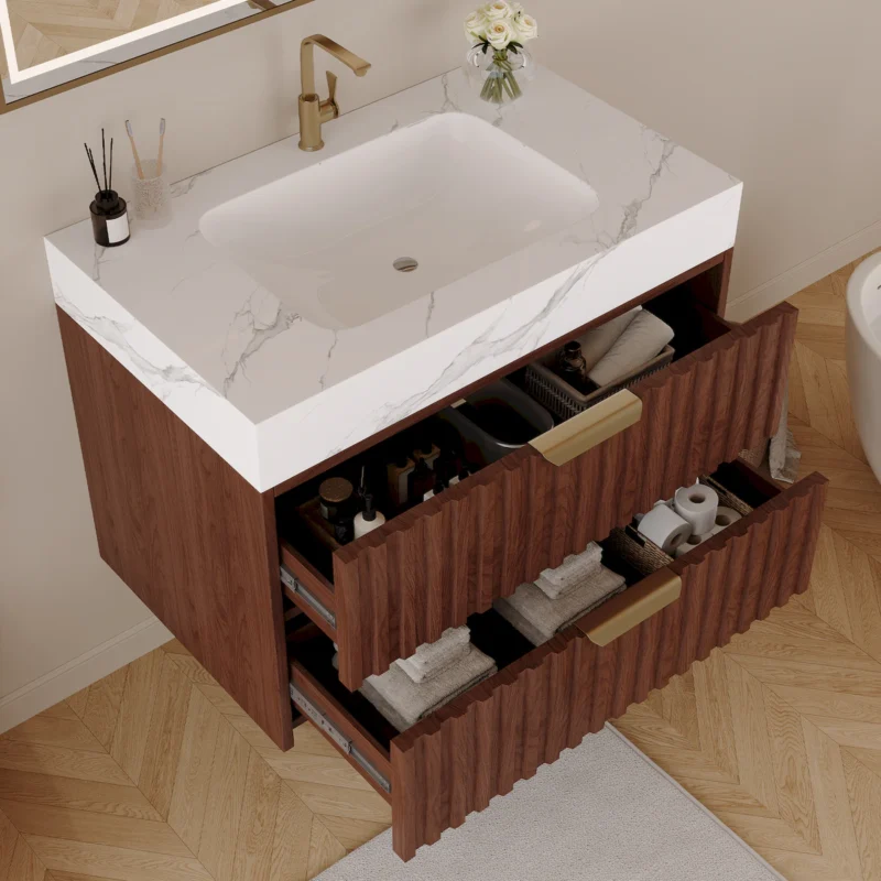 30" Modern Floating Bathroom Vanity with Seamless Sintered Stone Top & Ceramic Basin – 2 Soft-Close Drawers, Wall-Mounted - Image 2