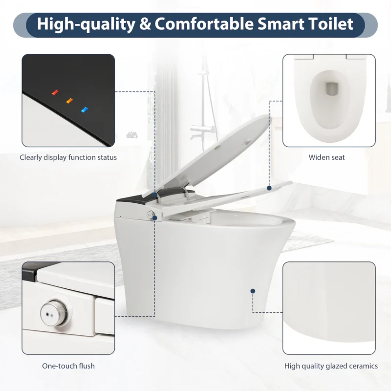 Heated Seat Smart Toilet, One Piece Toilet, Automatic Flush Tankless Toilet without Bidet, with Foot sensor Flush, Blue Night Light, Knob Control, Power Outage Flushing, Soft Close Cover,White - Image 3
