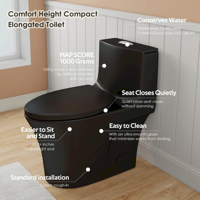 1.28/0.8 GPF Tornado Flush One-Piece Toilet Elongated, Siphonic S-trap 12",Soft Closing Seat, Button on Tank top ,Powerful Dual Flush MAP 1000g, Comfort Chair Seat ADA Height 17", Matte black MB-002 - Image 8