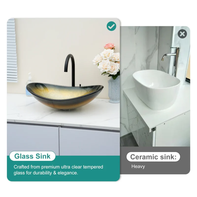 Bathroom Artistic Tempered Glass Gilded black Vessel Bathroom Sink with Black Pop-up Drain, Boat Shape Bathroom Sink Above Counter (no Faucet) - Image 5