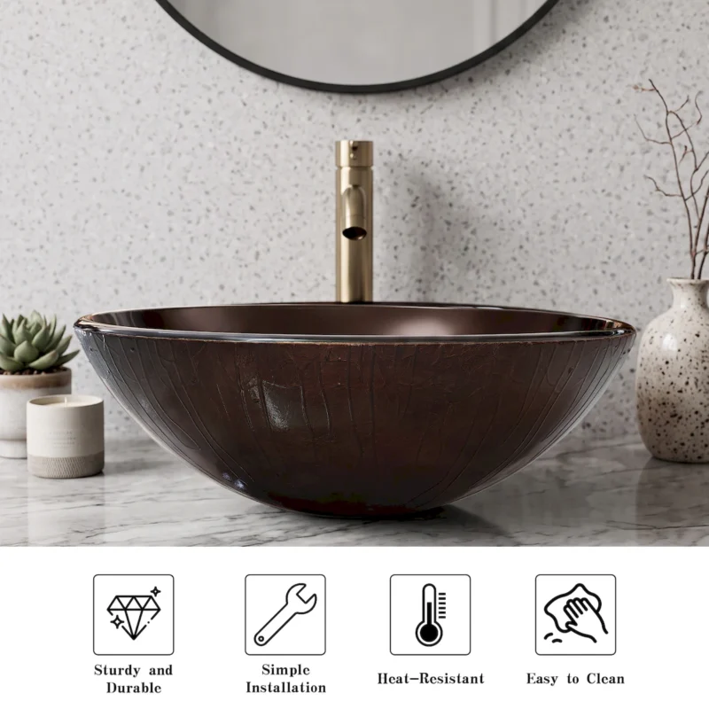 Amber Tempered Glass Vessel Sink, Round Artistic Textured Bathroom Sink Bowl, Countertop Vanity Basin - Image 5
