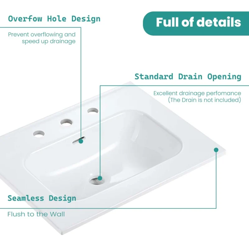 BB0924Y331, Integrated white ceramic basin with three predrilled faucet holes, drain assembly NOT included - Image 6