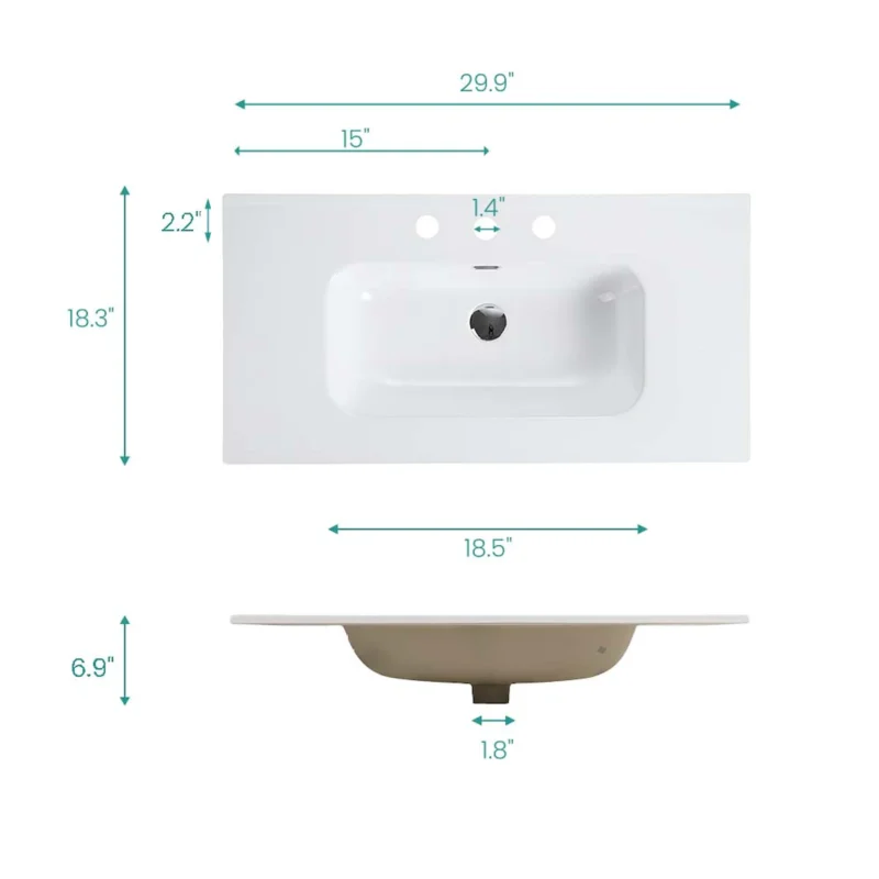 BB0930Y331, Integrated white ceramic basin with three predrilled faucet holes, faucet and drain assembly NOT included - Image 7