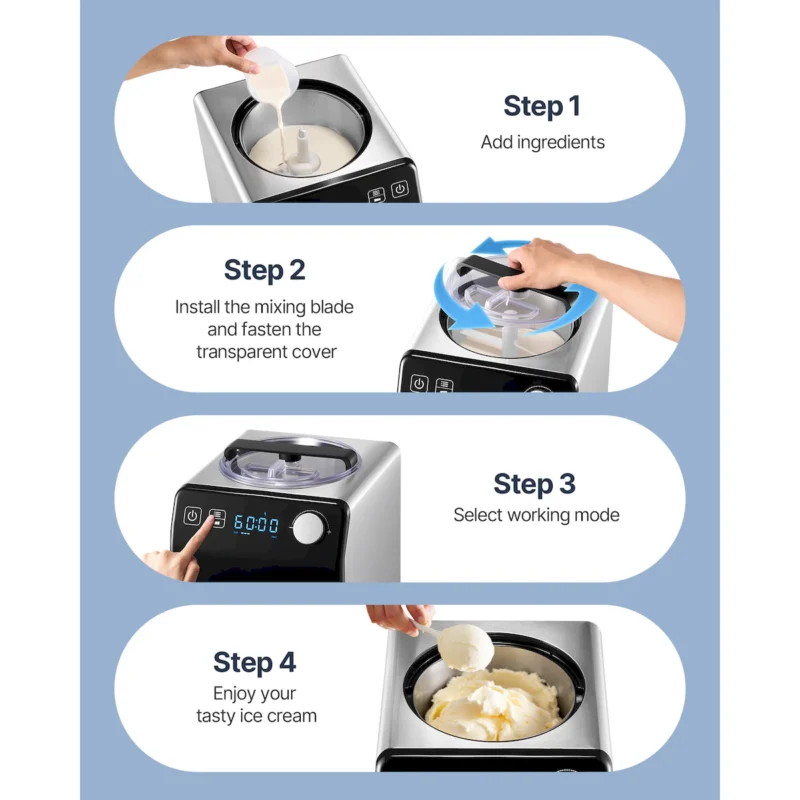 Upright Automatic Ice Cream Maker with Built-in Compressor, 2 Quart No Pre-freezing Fruit Yogurt Machine, Stainless Steel Electric Sorbet Maker, 4 Modes Gelato Maker with Digital Display & Timer - Image 8