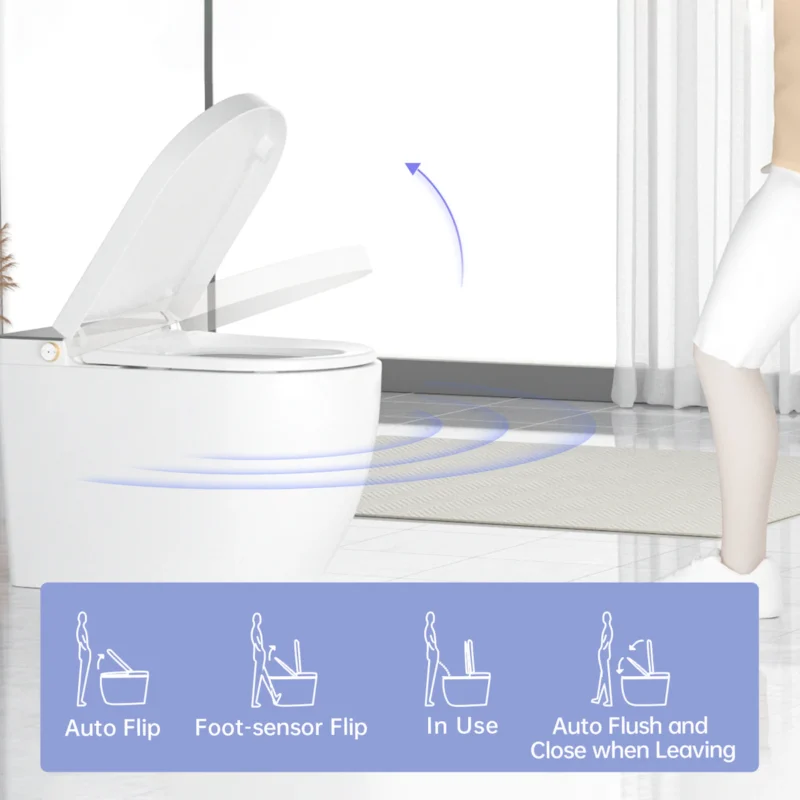 Modern integrated Smart toilet, Auto Open/Close lid, temperature heating seat, instant warm water cleaning, can automatically flush, remote control flush, foot sensing flush - Image 6