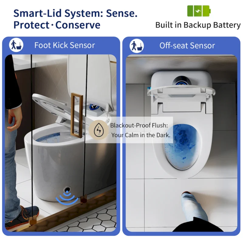Smart Toilet Bidet Combo with Foot Sensor Open Cover/Seat, Self-Cleaning Nozzle, LED Display, Three Level Heated Seat/Airflow, Night Light, Knob Control, Soft Close, Auto Flush, with Remote Control - Image 4