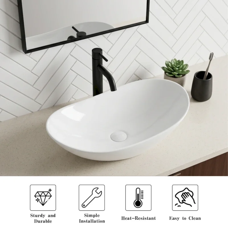 White Oval Ceramic Vessel Sink, Modern Minimalist Art Bathroom Sink Bowl, Countertop Vanity Basin - Image 5