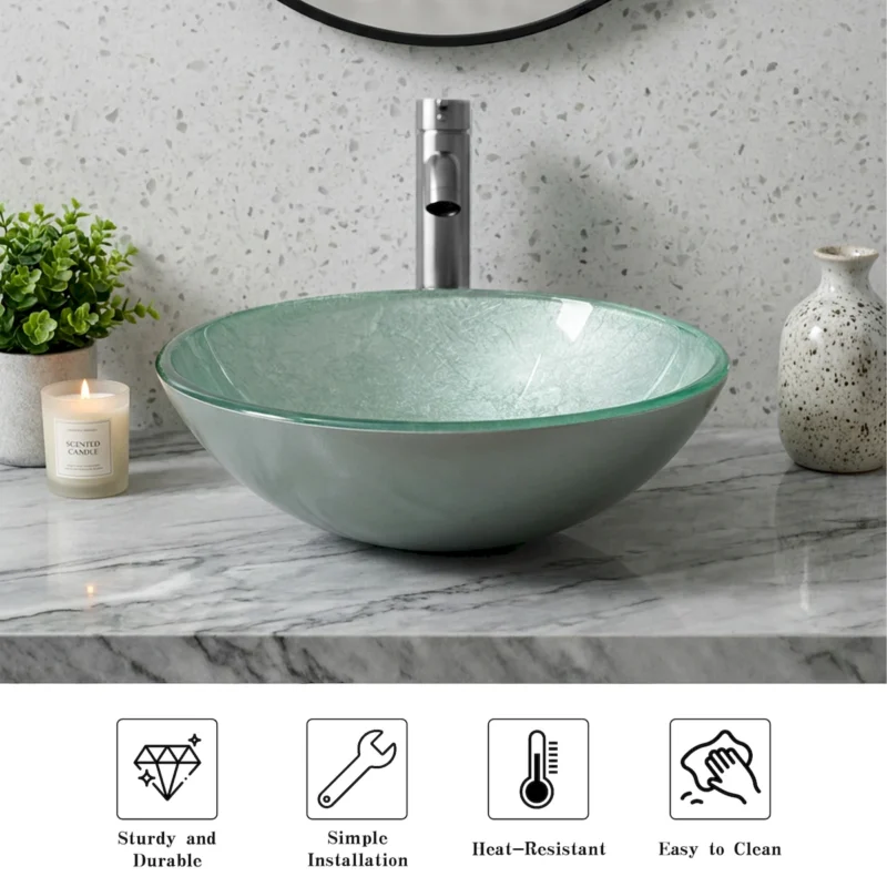 Green Ice-Crackle Tempered Glass Vessel Sink, Round Artistic Textured Bathroom Sink Bowl, Countertop Vanity Basin - Image 3