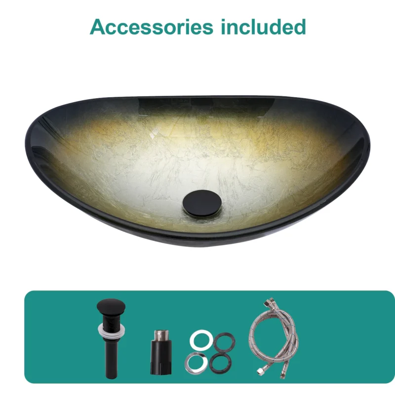 Bathroom Artistic Tempered Glass Gilded black Vessel Bathroom Sink with Black Pop-up Drain, Boat Shape Bathroom Sink Above Counter (no Faucet) - Image 4