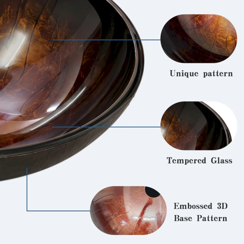 Amber Tempered Glass Vessel Sink, Round Artistic Textured Bathroom Sink Bowl, Countertop Vanity Basin - Image 4