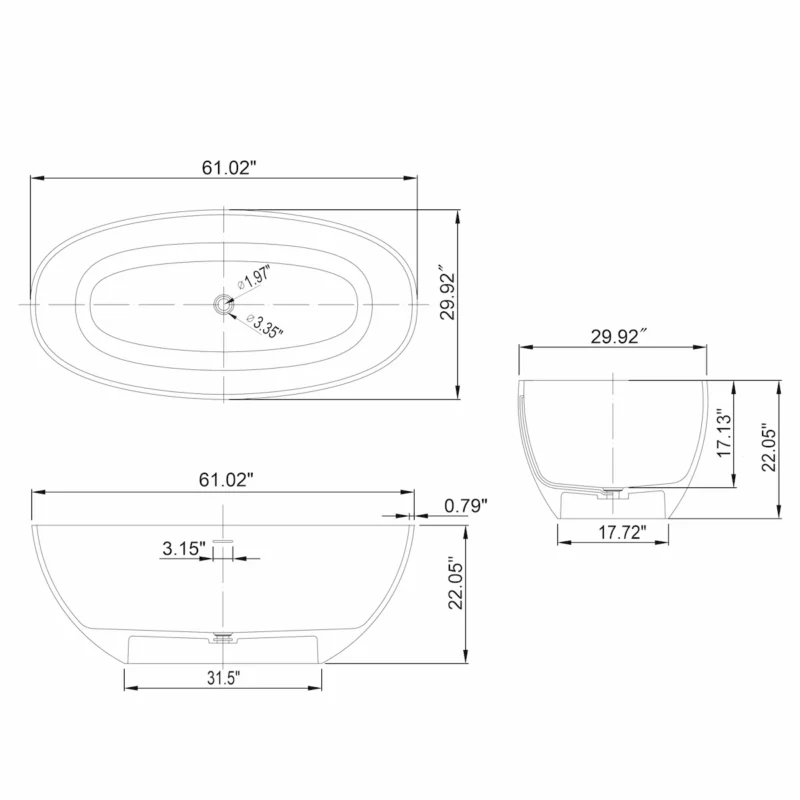 61 inch small size artificial stone solid surface freestanding bathroom bathtub - Image 4