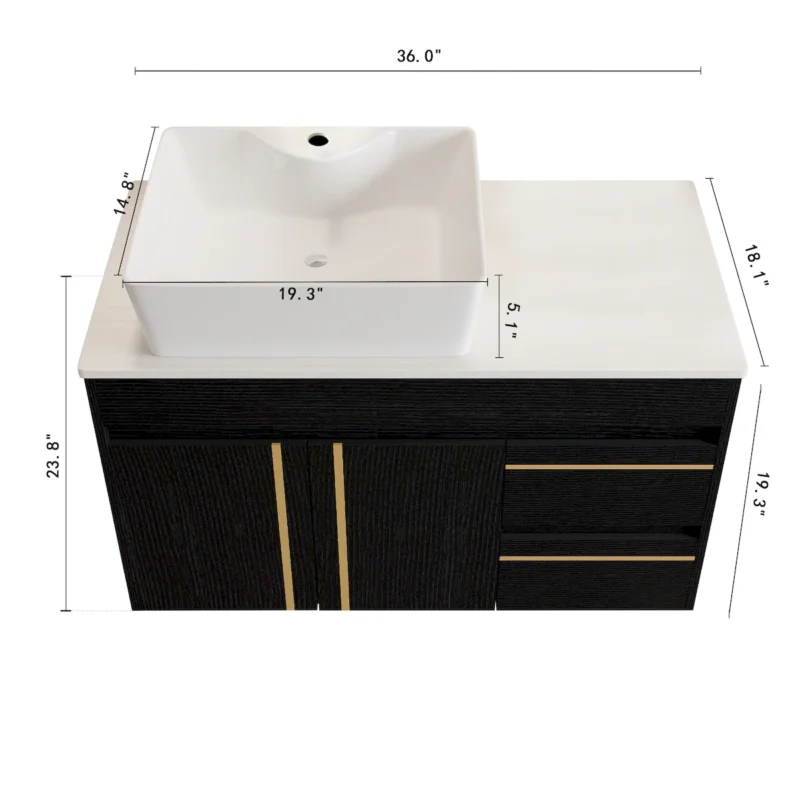 36" Wall-Mounted Bathroom Vanity with Vessel Ceramic Sink & Plywood Countertop – Soft-Close Door & Drawers, Floating Design - Image 2