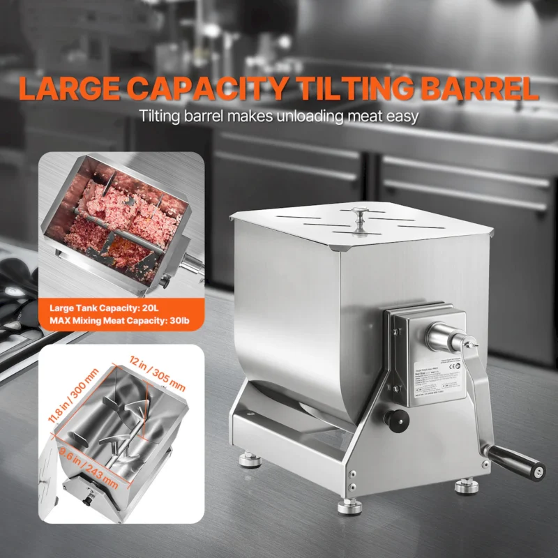 Manual Meat Mixer, 30L Tilt Tank Meat Processing Equipment(Mixing Max 30LBS for Meat), Stainless Steel Meat Mixer, Sausage Mixer Machine with Lid Handle Gear Reducer, Ground Beef Hand Mixer - Image 10