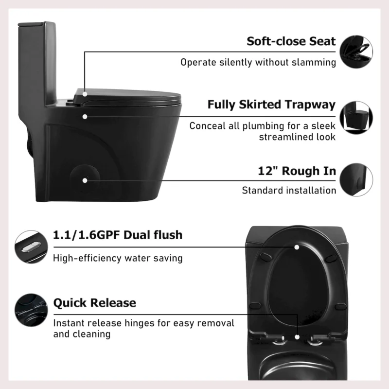 1.1/1.60 GPF Dual-Flush One Piece Toilet, Water-Saving Elongated Comfort Height Floor Mounted, Soft Close Seat, 1000 Gram Map Flushing Score Toilet, Matte Black GF-24T01-MB - Image 6