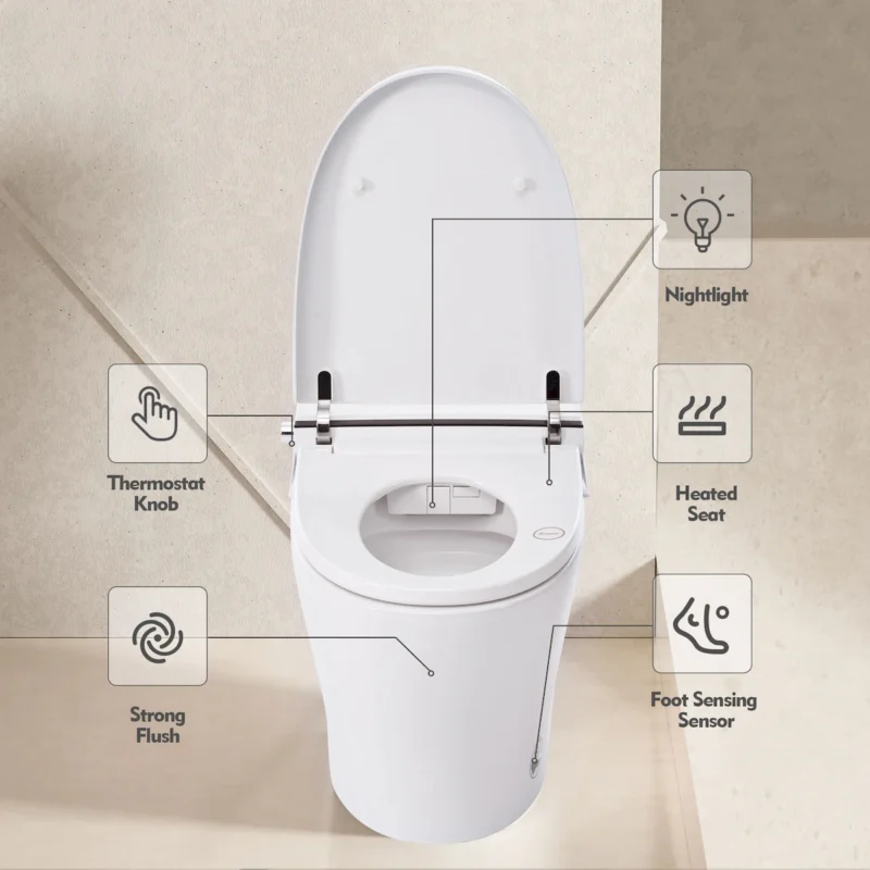 Heated Seat Smart Toilet without Bidet, Upmarket Compact Dual Flush Toilet 1/1.28 GPF, Tank less toilet with Adjustable Temp Heated Seat, Foot sensor Flush, White Night Light, Knob Control,Auto Flush - Image 6